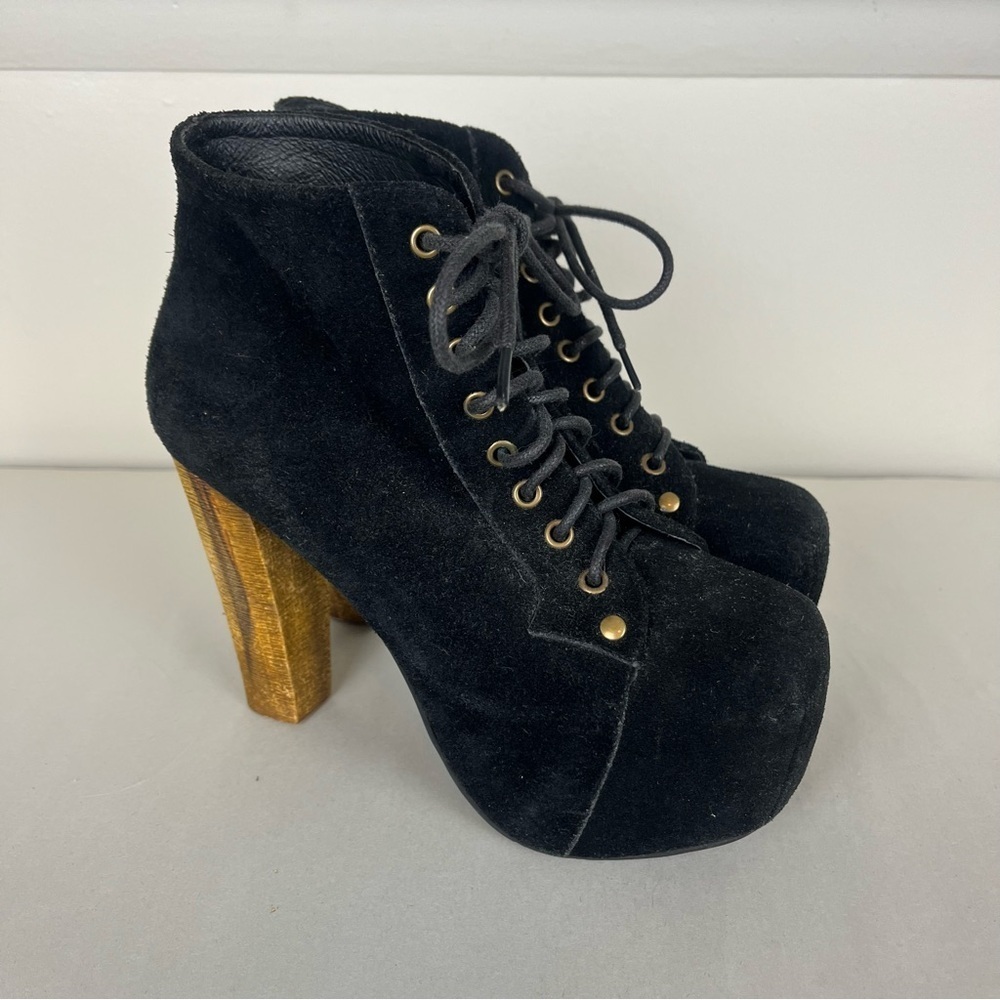 JEFFREY CAMPBELL Lita Bootie in Black Suede Wooden Chunky Heel Size 6M